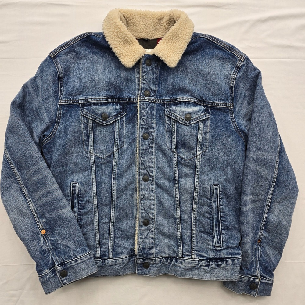 American Eagle Sherpa Lined Denim Jacket Men's L Blue Plaid Trucker Western
